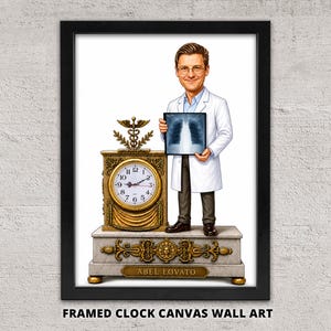 Custom Radiologist Caricature Clock, Framed Canvas Wall Art: Unique Medical Cartoon Gift (Battery Operated)