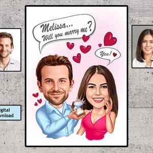 Custom Marriage Cartoon Portrait Drawing from Photo, Romantic Marriage proposal Couple Caricature Portrait Drawing, Funny Gift for Marriage
