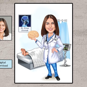 Karykatura neurochirurga na zamówienie, kreskówka neurochirurga, ukończenie studiów neurologicznych, prezent dla lekarza neurologa, emerytura neurochirurga