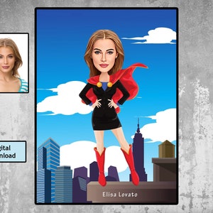 Aangepaste superheld vrouwen portret van uw foto/aangepaste karikatuur, Moederdag cartoon portret, aangepaste illustratie, digitale download