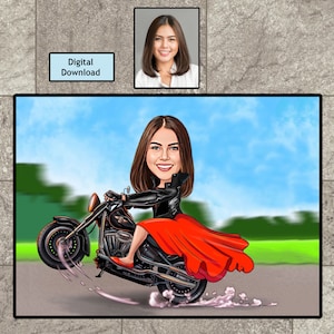 Gepersonaliseerde Biker Tekening / Vrouw Biker Cartoon Tekening / Vrouw Biker Tekening, Motorrijders, Motorliefhebbers, Digitale Download