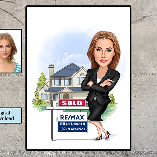 Portrait de dessin animé d'agent immobilier féminin personnalisé, portrait d'agent immobilier, cadeau pour agent immobilier, dessin de dessin animé d'agent immobilier féminin, caricature d'agent immobilier à partir de la photo
