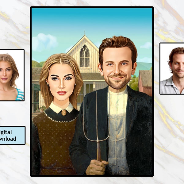 Personalized American Gothic Portrait from your Photo,Portrait for Couple, Anniversary Gift, Custom Portrait for Couple, Funny Gift,Download