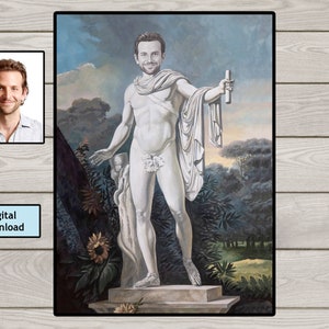 Ilustración de estatua griega de Apolo personalizada, regalo fotográfico, retrato de dibujos animados personalizado, el dios del sol, estatua griega antigua,
