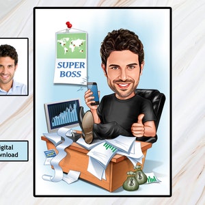 Aangepaste Super Boss Cartoon portret, Super Boss karikatuur, cadeau voor mannelijke baas, Boss Cartoon, grappige baas, baas karikatuur van foto