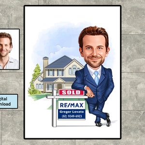 Personalized Estate Agent Caricature Drawing, Cartoon from Photo, Custom Real Estate Portrait Drawing, Digital Art, Bobblehead, Gift for Him