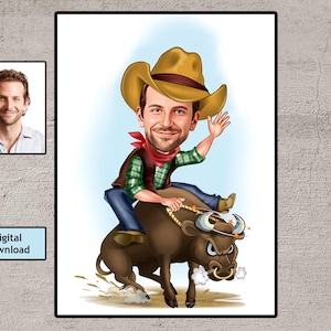Dibujo de caricatura de jugador de Bull Rider personalizado a partir de una foto, regalo para Bull Riders, regalo para amantes de Bull Rider, dibujo artístico de caricatura de Bull Rider