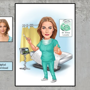 Super Doctor Caricature, Female Surgeon Portrait, Caricature from Photo, Digital Portrait, Caricature Personalized Gift, Digital Download