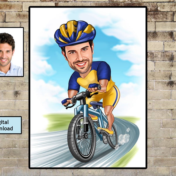 Personalized Cyclist Cartoon Portrait, Biker Portrait, Cyclist Gift, Cyclist Caricature, Custom Caricature, Caricature from Photo