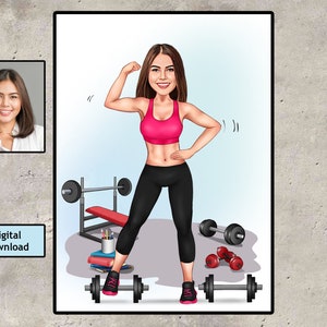 Custom Woman Fitness Cartoon Portrait, Fitness Caricature, Gift for Gym Lover, Fitness Cartoon, Custom Female Fitness Cartoon Character