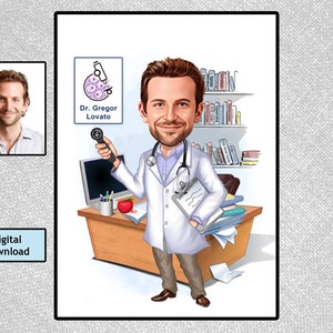 Aangepast cadeau karikatuur dermatoloog: uniek portret huidarts (digitale download)