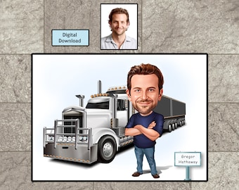 Personalized Truck Driver Caricature,Truck Driver Gift,Truck Driver, Custom Trucker Gift,Trucker Cartoon, Fun Truck Driver, Digital Download