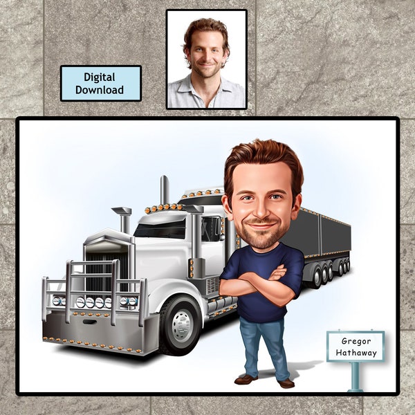 Personalized Truck Driver Caricature,Truck Driver Gift,Truck Driver, Custom Trucker Gift,Trucker Cartoon, Fun Truck Driver, Digital Download