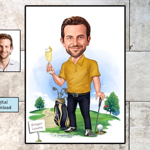 Gepersonaliseerde golfer cadeau, aangepaste karikatuur portret van uw foto / golfspeler cadeau / golf cartoon verjaardagscadeau, digitale download