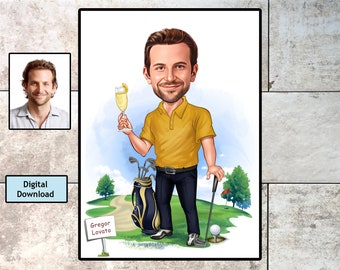 Personalized Golfer Caricature Portrait: Custom Golf Gift (Digital Download)