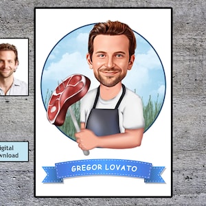 Butcher Gift - Custom Caricature, Custom Butcher Cartoon Portrait, Butcher Caricature, Male Butcher, Custom Chef Gift, Custom Food Cook