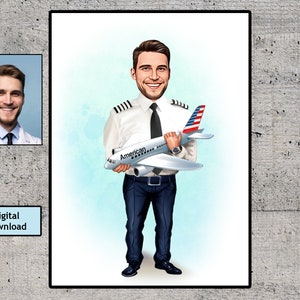 Caricature Pilot Portrait, Pilot Gift Idea, Pilot Birthday Gift, Pilot Retirement Gift, Captain Pilot,Aviation Gifts, Gift for Air Force