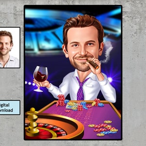 Retrato de dibujos animados de jugador de ruleta personalizado, arte de juego de cartas personalizado con su cara, descarga digital para jugador, regalo de caricatura de póquer divertido