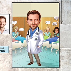 Super Doctor Caricature, King Doctor Custom Cartoon From Photo, Real Life Saver Gift Birthday Gift, Digital Download