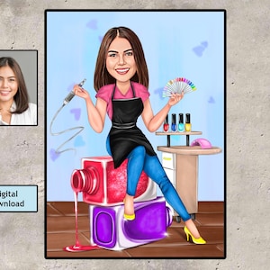 Nageldesigner-Karikatur-Porträt, Nageltechniker-Porträt, Nageldesigner-Porträt, Nagelstudio-Karikatur vom Foto, Nagelstudio