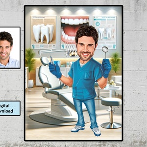 Ritratto di cartone animato dentista maschio personalizzato, ritratto del dentista, regalo per il dentista, caricatura del dentista, caricatura da foto, regalo divertente del dentista