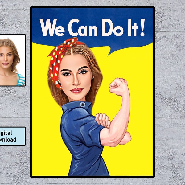 Personalized Rosie the Riveter Caricature, We Can Do It Cartoon Portrait, Perfect Gift or Keepsake for the Strong Woman in your Life
