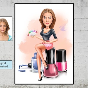 Nagelkünstler Karikatur Portrait, Nageltechniker Portrait, Nageldesigner Personalisiertes Portrait, Nagelstudio Cartoon vom Foto, Nagelstudio