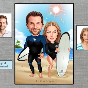Surfer Custom Portrait, Printable Surfer Cartoon Couple Portrait, Surf Boards Poster, Surfer Gift,Portrait Of Surfers Family