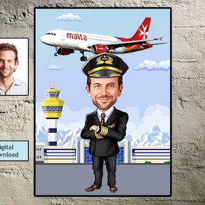 Caricature Pilot Portrait, Pilot Gift Idea, Pilot Birthday Gift, Pilot Retirement Gift, Captain Pilot,Aviation Gifts, Gift for Air Force