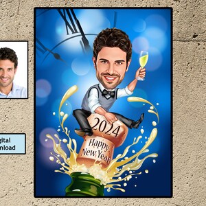 Caricature de bonne année personnalisée | carte de bonne année | 2024 nouvel an | Art drôle de caricature du nouvel an | Caricature personnalisée