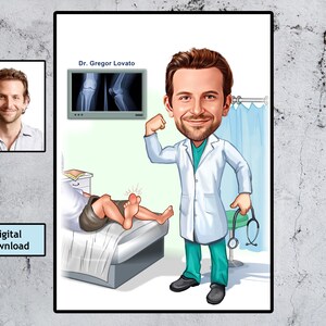 Caricatura de súper doctor, regalo de retrato personalizado, médico de ortopedia y traumatología, regalos de jubilación para él, regalo de cumpleaños de sus hombres, descargar