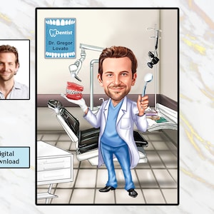 Dentist Gift, Custom Caricature Portrait, Cartoon Dental Hygienist Assistant, Ortodontist Birthday Gift, Dentist Gift Ideas Digital Download