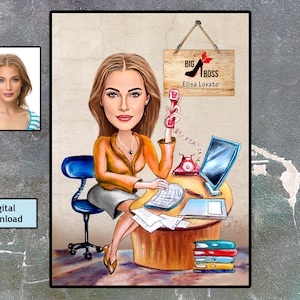 Big Boss Caricature for Woman , Business Woman Caricature,  Funny Caricature, Personalized Gift, Mrs. Banker Caricature, Digital Download