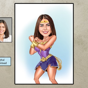 Custom Super Woman Cartoon Portrait, Woman Portrait, Woman Gift, Super Woman Caricature, Superhero Caricature Drawing, Caricature from Photo