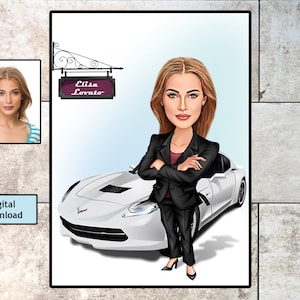 Girl Boss Caricature, Business Woman Caricature, Woman Boss Luxury Car Caricature, Personalized Gift, Cool Female Caricature, Download