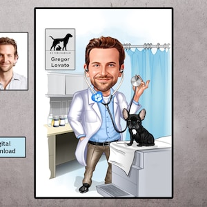 Veterinaire gift - aangepaste karikatuur van foto, dierenarts karikatuur, dierenarts cartoon portret, dierenarts kliniek cartoon ontwerp