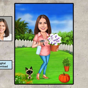 Gärtnerin Frau Cartoon, Gartenmädchen Karikatur vom Foto, bunte Gartenkarikatur: Blumengarten Cartoon, Benutzerdefinierte Hausfrau