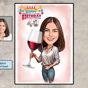 Personalized 40th Cartoon Portrait, Custom Happy Birthday Caricature Drawing, Funny Caricature, Gift for Her, Happy 30th 50th, 60th 70th
