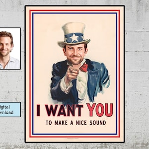 Personalized Uncle Sam US Army Painting Portrait Photo Gift With, Custom illustration Cartoon Portrait, Funny gift for Women or Men