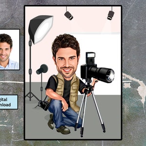 Custom Photographer Caricature Portrait, Personalized Photographer Birthday Retirement Gift Cartoon idea, Photographer, Digital Download