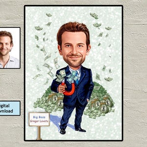 Aangepaste Boss-karikatuur voor de mens, geld, zakenmankarikatuur, Big Boss Cartoon, gepersonaliseerd cadeau, Mr. Banker-karikatuur, digitale download
