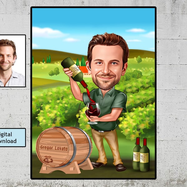 Wine Lover Gift - Custom Caricature Portrait From Photo / sommelier gift / wine lover father