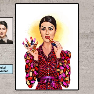 Puede incluir: Una ilustración digital de una mujer con un vestido de lunares rojo y rosa con estampado floral. Ella sostiene una variedad de lápices labiales en su mano y se aplica uno en los labios.