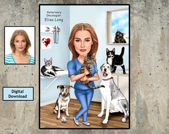 Female Veterinarian Gift - Custom Caricature From Photo, Veterinary Surgeon Caricature , Veterinarian Cartoon Portrait, Vet Tech Gift