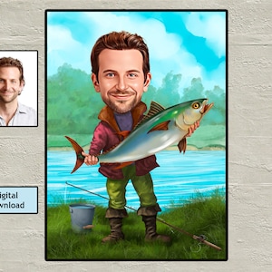 Caricatura personalizzata del pescatore: ritratto personalizzato in stile cartone animato (download digitale)