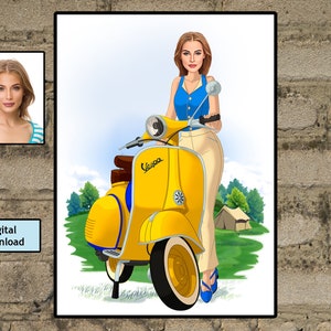 Vespa Italië fotokarikatuur voor vrouwen, het leven is een reiskarikatuur, gepersonaliseerd cadeau, Vespa, reiskarikatuur, digitale download