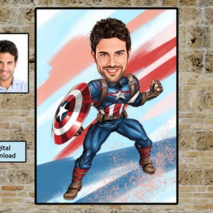 Personalisiertes Superheld-Karikaturporträt, benutzerdefinierte Superheld-Karikaturzeichnung vom Foto, lustige Superheld-Karikatur, Geschenk für Papa