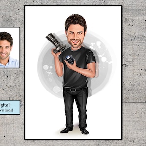 Retrato de caricatura de fotógrafo personalizado, idea de caricatura de regalo de cumpleaños de fotógrafo, descarga digital