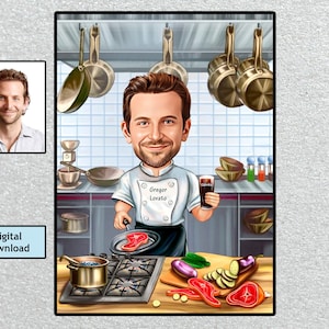 Aangepaste chef-kok karikatuur, chef-kok cartoon portret, gepersonaliseerde chef-kok cadeau, aangepast voedsel koken portret van uw foto, gourmet, cadeau voor hem