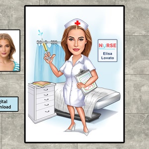 Presente de caricatura de enfermeira, cartão de formatura de estudante de medicina, presentes personalizados de colega de trabalho, caricatura de foto/presente de médico, download digital